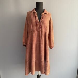 Umgee brown gauze Babydoll dress - v neck tiered Knee Length Cowgirl Rodeo Sz M